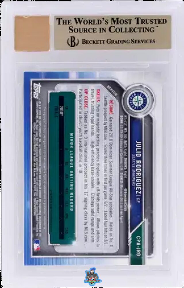 Back of 2019 Bowman Chrome Prospect Autograph Blue Refractor Julio Rodriguez #CPAJRO /150