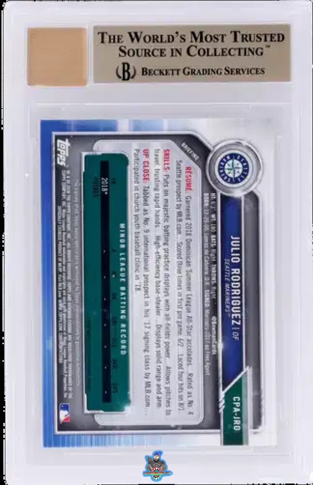 Back of 2019 Bowman Chrome Prospect Autograph Blue Refractor Julio Rodriguez #CPAJRO /150