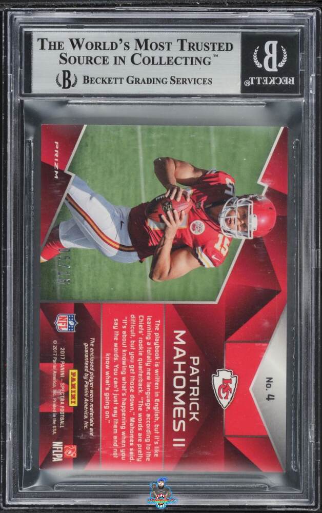 Back of 2017 Panini Spectra Rising Rookie Materials Neon Pink Patrick Mahomes II #4 /15