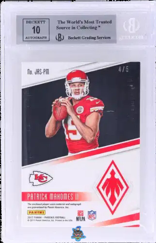 Back of 2017 Panini Phoenix Rookie Jumbo Patch Autograph Green Prime Patrick Mahomes II #18 /5