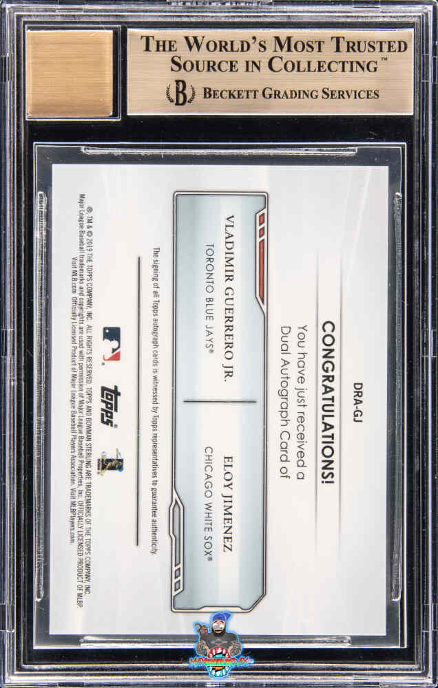 Back of 2019 Bowman Sterling Dual Autographs Superfractor Eloy Jimenez/Vladimir Guerrero Jr. #DRAGJ /1