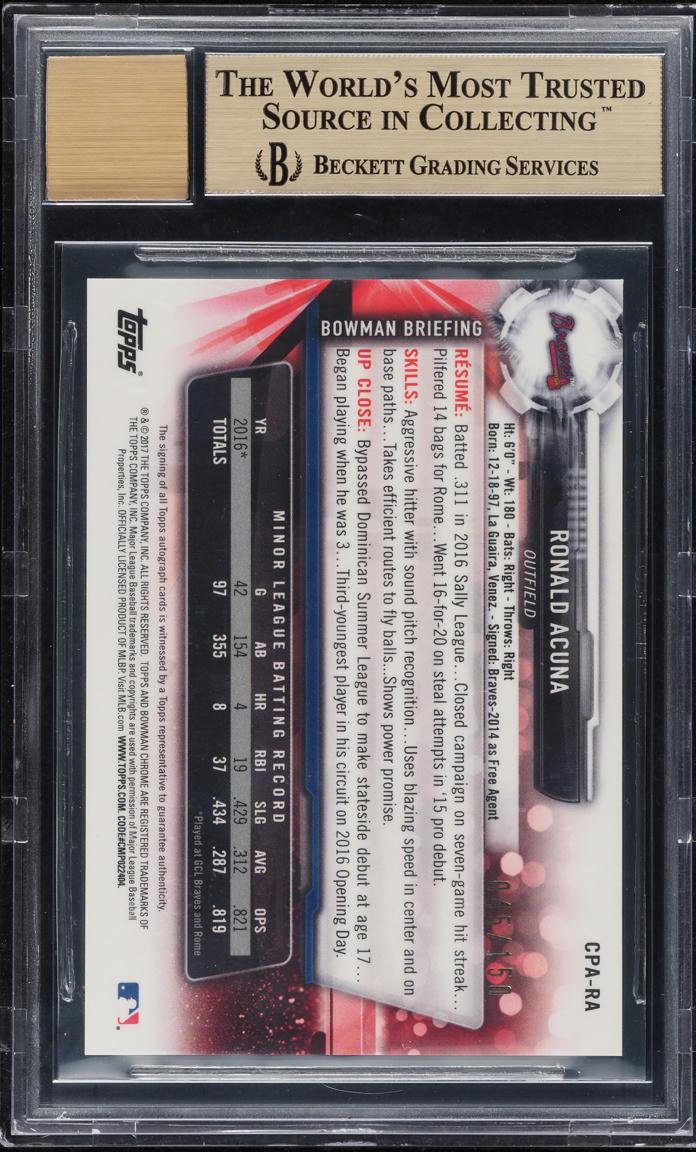 Back of 2017 Bowman Ronald Acuna Jr. Chrome Prospect Autograph Blue Refractor