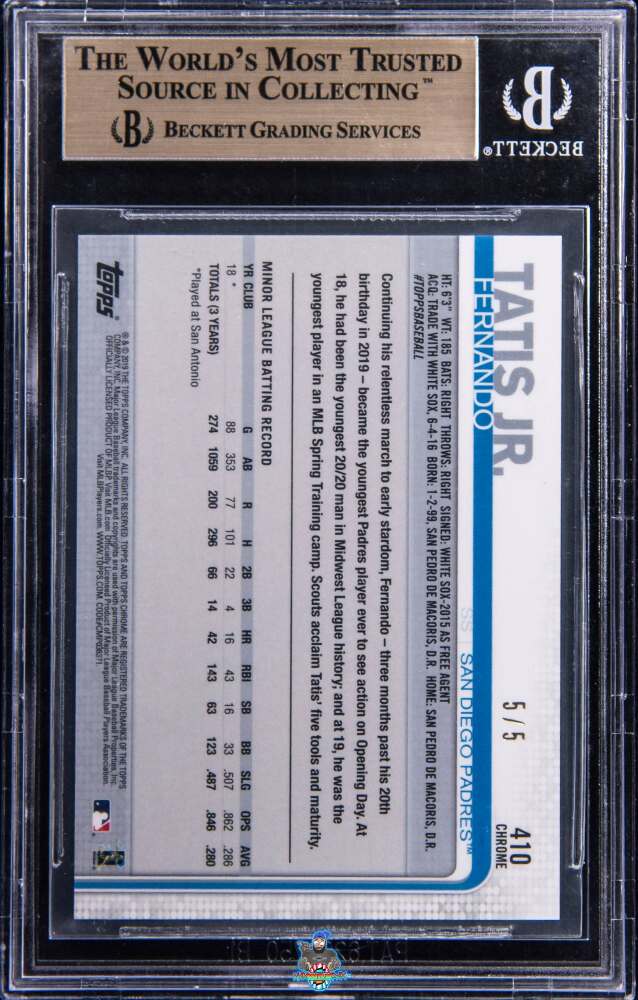 Back of 2019 Topps Chrome Sapphire Red Fernando Tatis Jr. #410 /5