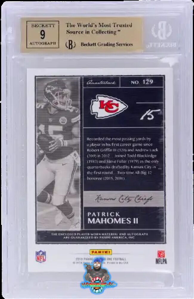 Back of 2018 Panini One Red Jersey Patch Autograph Platinum Patrick Mahomes II #129 /5