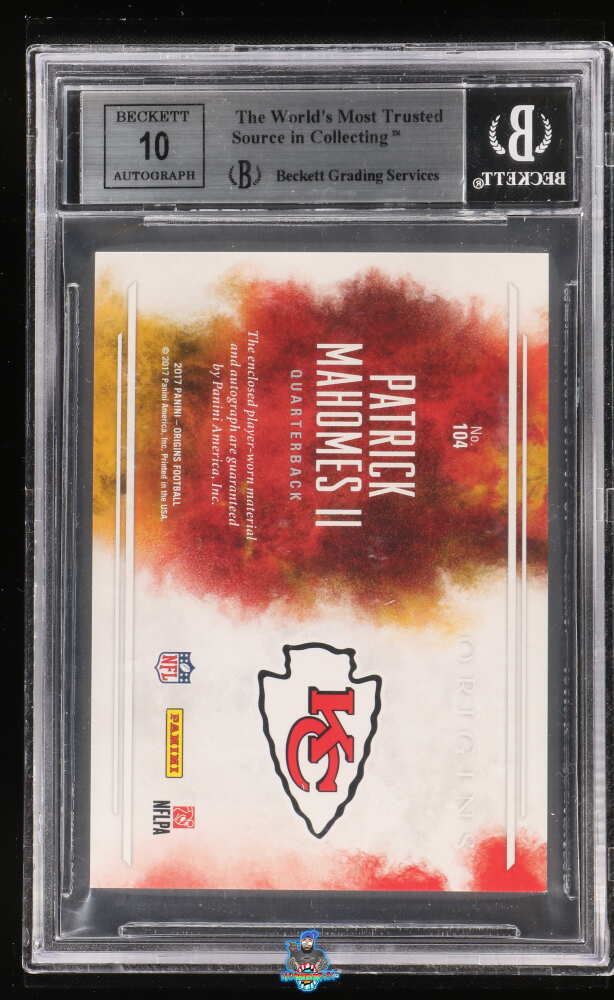 Back of 2017 Panini Origins Rookie Jumbo Patch Autograph Patrick Mahomes II #104