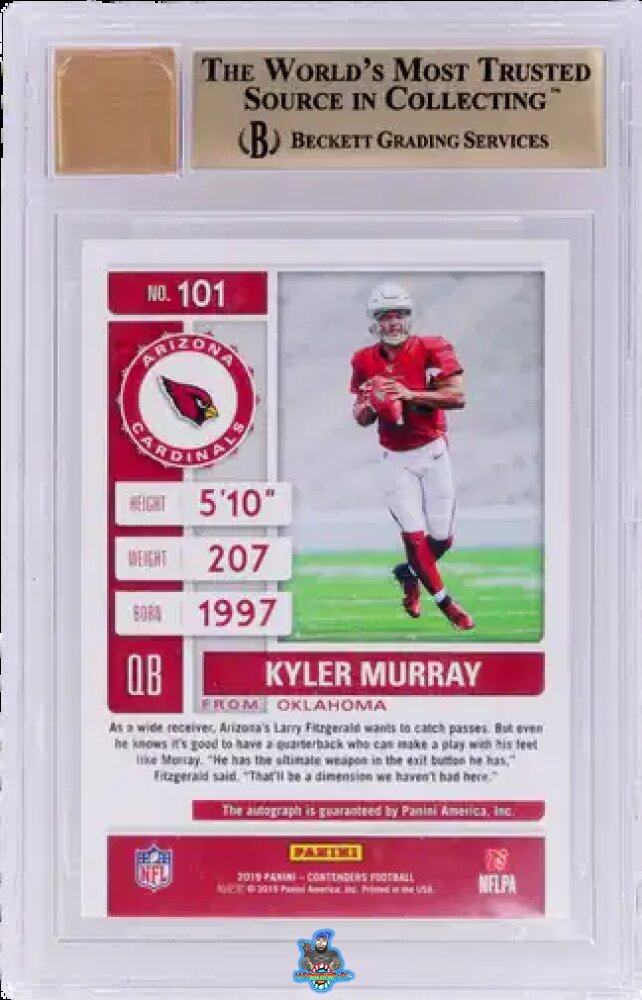 Back of 2019 Panini Contenders Team Logo Rookie Ticket Autograph Kyler Murray #101A