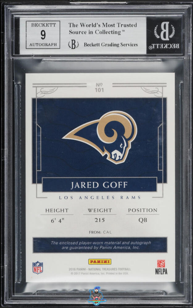 Back of 2016 National Treasures Rookie Patch Autograph Numbers Green Jared Goff #101 /16