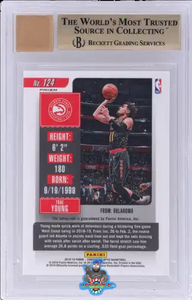 Back of 2018 Panini Contenders Optic Facing Right Rookie Ticket Autograph Trae Young #124