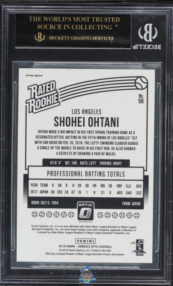 Back of 2018 Donruss Optic Rated Rookie Red Yellow Shohei Ohtani #56
