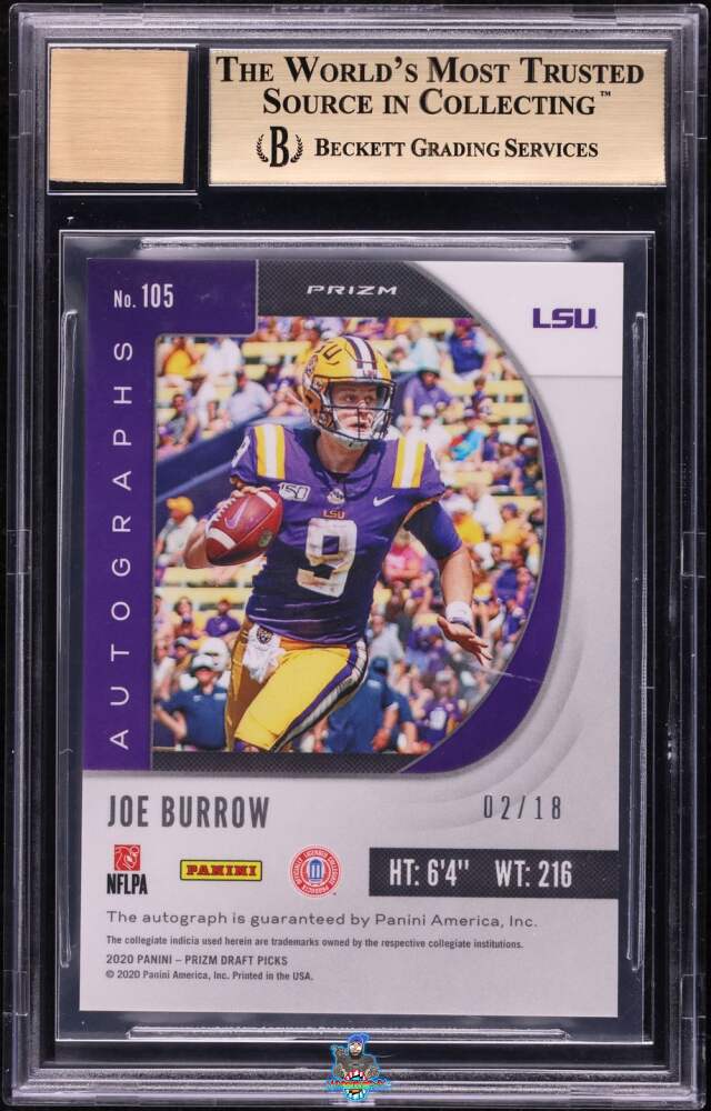 Back of 2020 Panini Prizm Draft Picks Autograph Green Ice Prizm Joe Burrow #105 /18