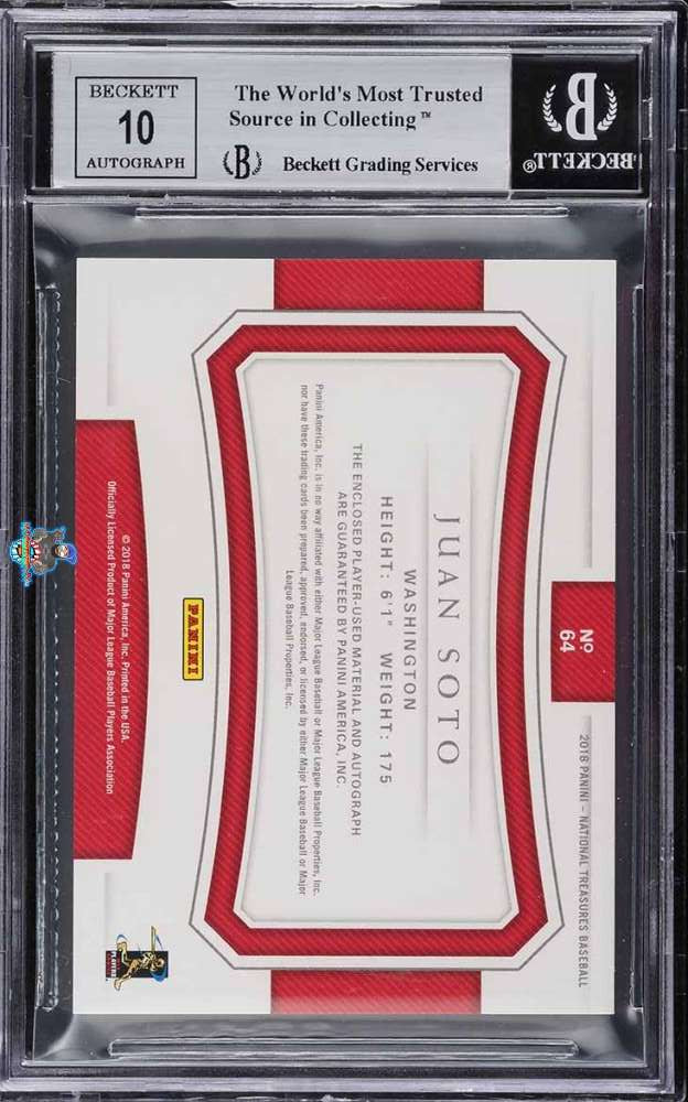 Back of 2018 National Treasures Rookie Materials Signatures Holo Silver Juan Soto #64 /10