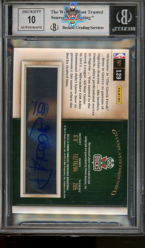 Back of 2013 Panini Timeless Treasures Jersey Autograph Giannis Antetokounmpo #129