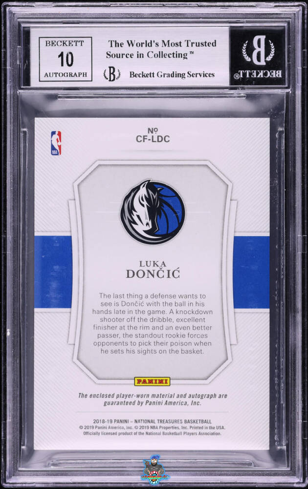 Back of 2018 National Treasures Clutch Factor Jersey Signature Luka Doncic #CF-LDC /99