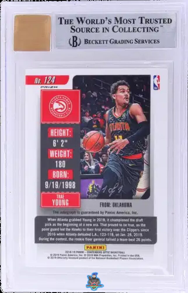 Back of 2018 Panini Contenders Optic Variation Rookie Ticket Autograph Gold Vinyl Trae Young #124 /1