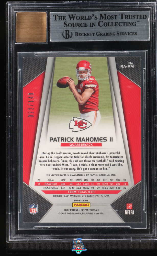 Back of 2017 Panini Prizm Rookie Autograph Blue Wave Prizm Patrick Mahomes II #RAPM /149