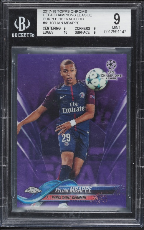 2017 Topps Chrome UEFA Champions League Purple Refractor Kylian Mbappe ROOKIE /250 #41 BGS 9