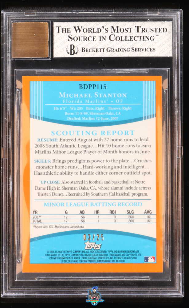 Back of 2008 Bowman Draft Chrome Prospect Orange Refractor Giancarlo Stanton #BDPP115 /25