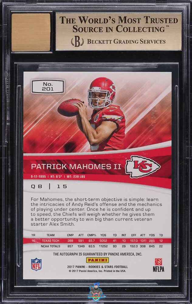 Back of 2017 Panini Rookies and Stars Rookies Longevity Signature Gold Patrick Mahomes II #201 /10