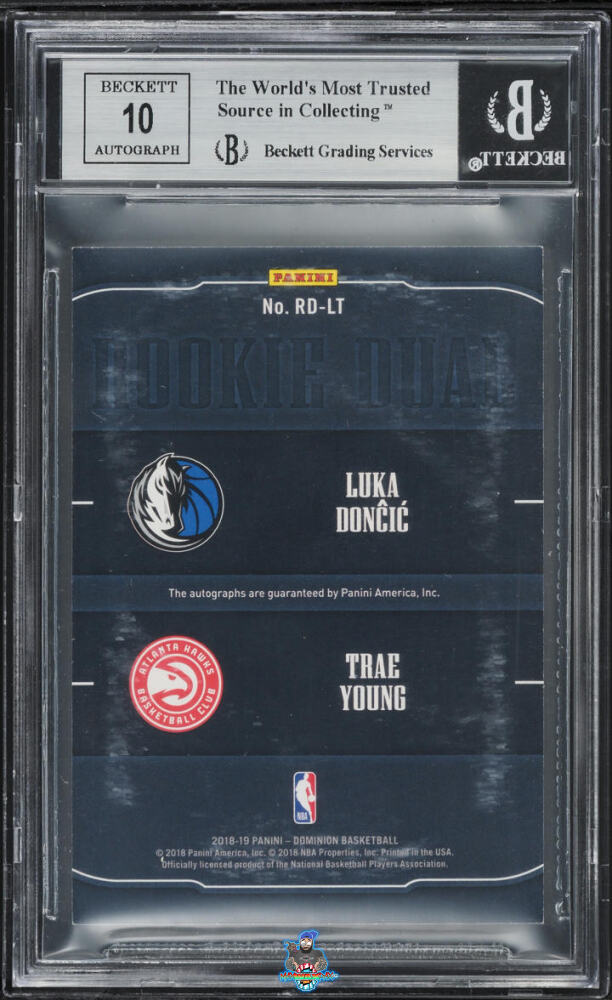 Back of 2018 Panini Dominion Rookie Dual Signatures Platinum Trae Young/Luka Doncic #26 /1