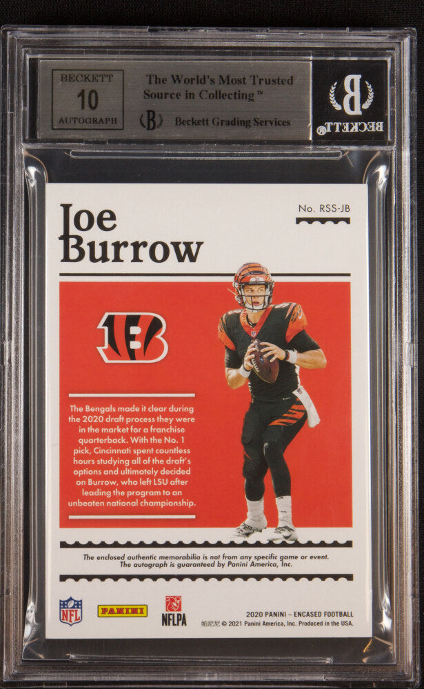 Back of 2020 Panini Encased Rookie Dual Swatch Signature Emerald Joe Burrow #RSSJB /5