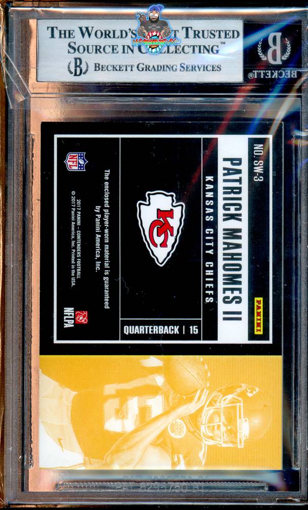 Back of 2017 Panini Contenders Rookie Ticket Swatch Horizontal Patrick Mahomes II #SW-3