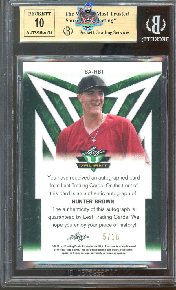 Back of 2020 Leaf Valiant Autograph Yellow Hunter Brown #BAHB1 /10