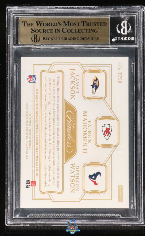 Back of 2019 Panini Flawless Triple Patches Deshaun Watson/Lamar Jackson/Patrick Mahomes II #20 /25