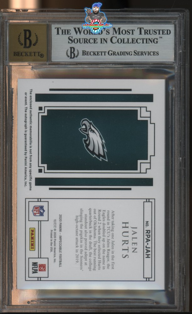 Back of 2020 Panini Impeccable Rookie Patch Autograph Jalen Hurts #14 /99