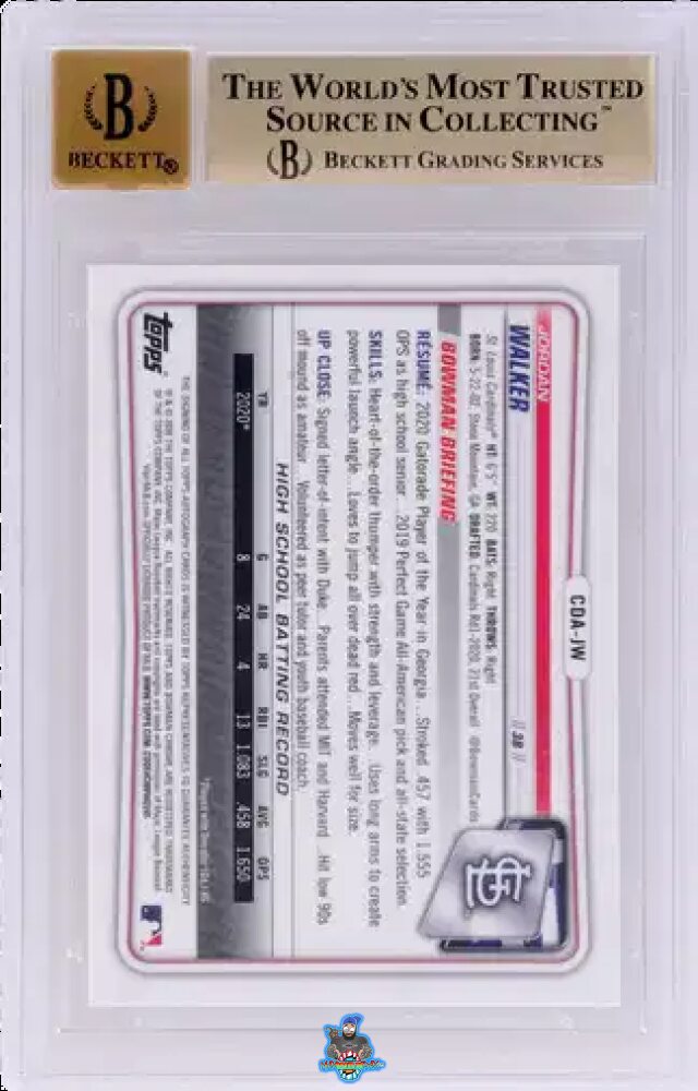 Back of 2020 Bowman Draft Chrome Autograph Red Wave Refractor Jordan Walker #CDAJW /5