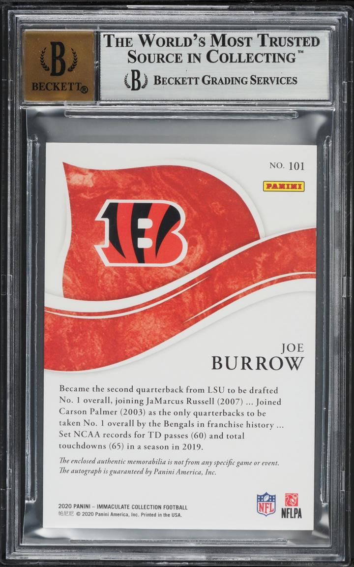 Back of 2020 Panini Immaculate Collection Patch Autograph Joe Burrow #101 /99