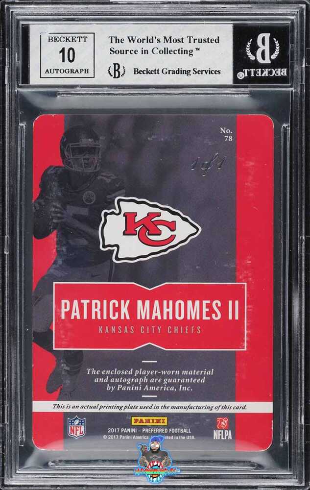 Back of 2017 Panini Preferred Patch Autograph Printing Plate Cyan Patrick Mahomes II #78 /1