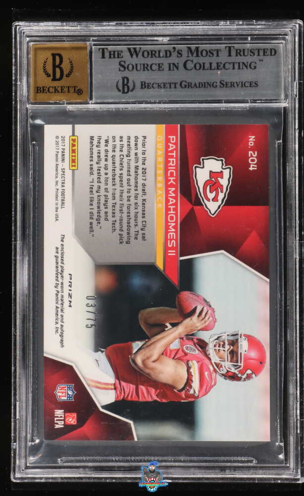 Back of 2017 Panini Spectra Patch Autograph Neon Blue Patrick Mahomes II #204 /75