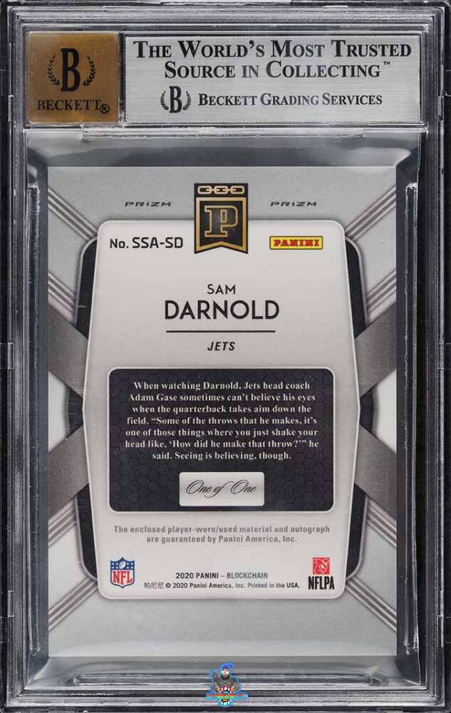 Back of 2020 Panini Prizm Blockchain Shield Autographs Gold Vinyl Sam Darnold #SSASD