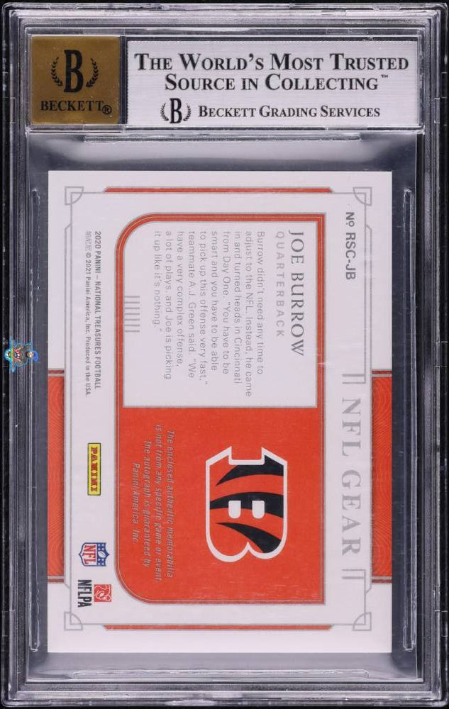 Back of 2020 National Treasures Rookie NFL Gear Signature Combo Prime Joe Burrow #RSC-JB /25