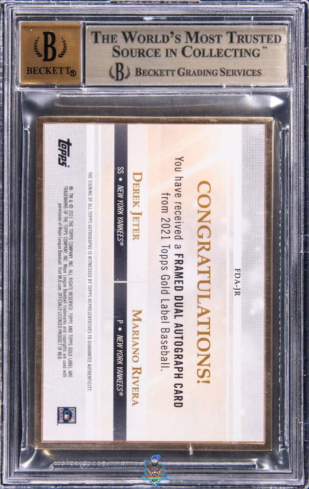 Back of 2021 Topps Gold Label Dual Framed Autographs Mariano Rivera/Derek Jeter #FDAJR /10