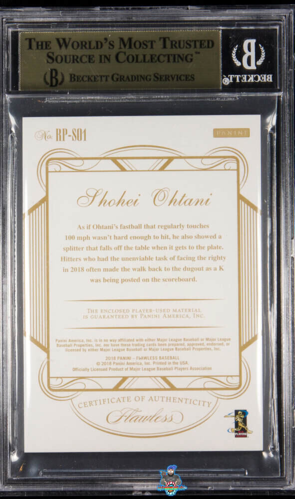 Back of 2018 Panini Flawless Rookie Patches Gold Shohei Ohtani #1 /7
