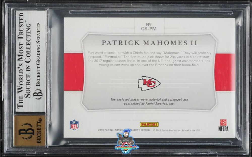 Back of 2018 National Treasures Colossal Material Signature Prime Patrick Mahomes II #18 /10