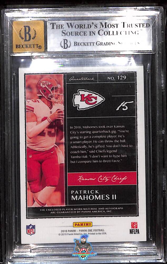 Back of 2018 Panini One Jersey Autograph Gold Patrick Mahomes II #129 /10
