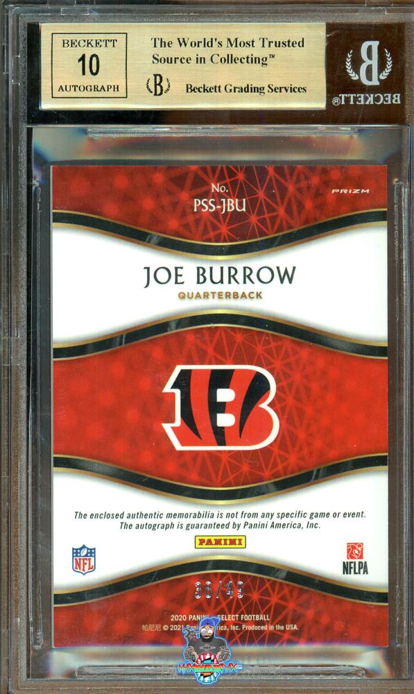 Back of 2020 Panini Select Prime Selections Material Signature Prizm Joe Burrow #1 /49