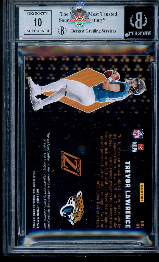 Back of 2021 Zenith Rookie Patch Autograph Gold Trevor Lawrence #81 /5