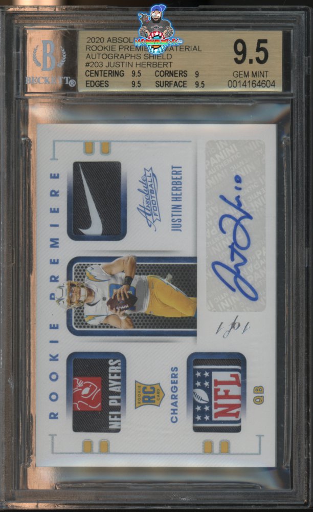 2020 Panini Absolute Rookie Premiere Material Autograph Shield Justin Herbert #203 /1
