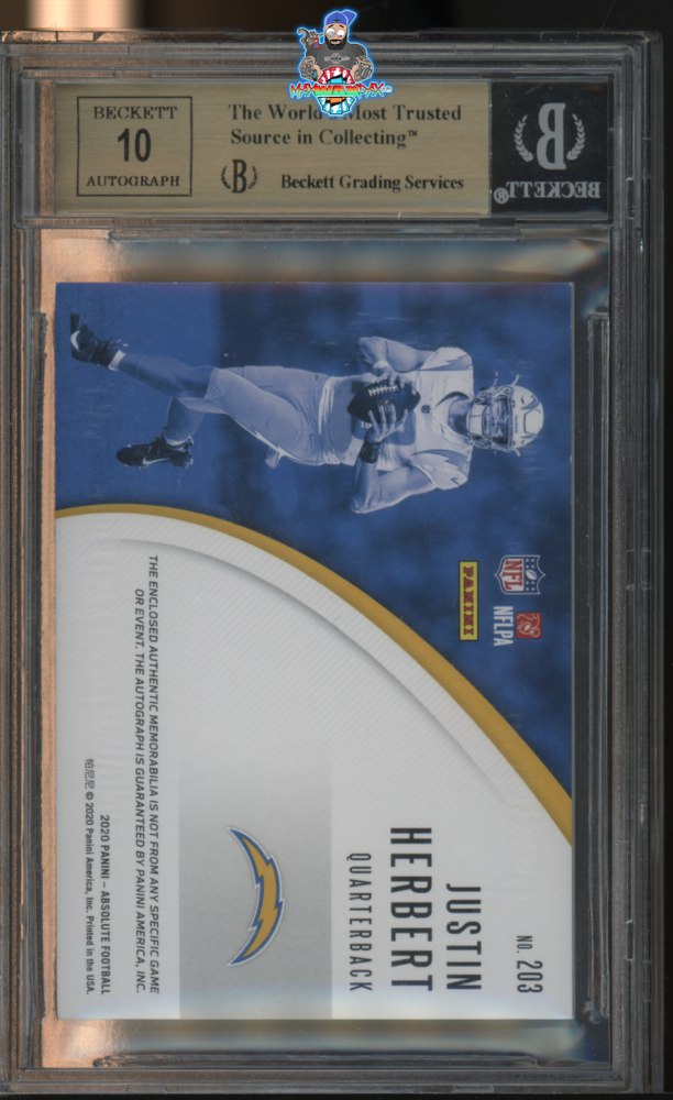 Back of 2020 Panini Absolute Rookie Premiere Material Autograph Shield Justin Herbert #203 /1