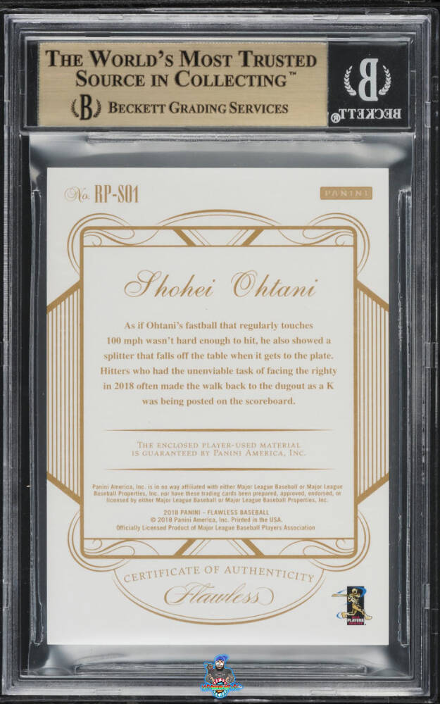Back of 2018 Panini Flawless Rookie Patch Ruby Shohei Ohtani #1 /20