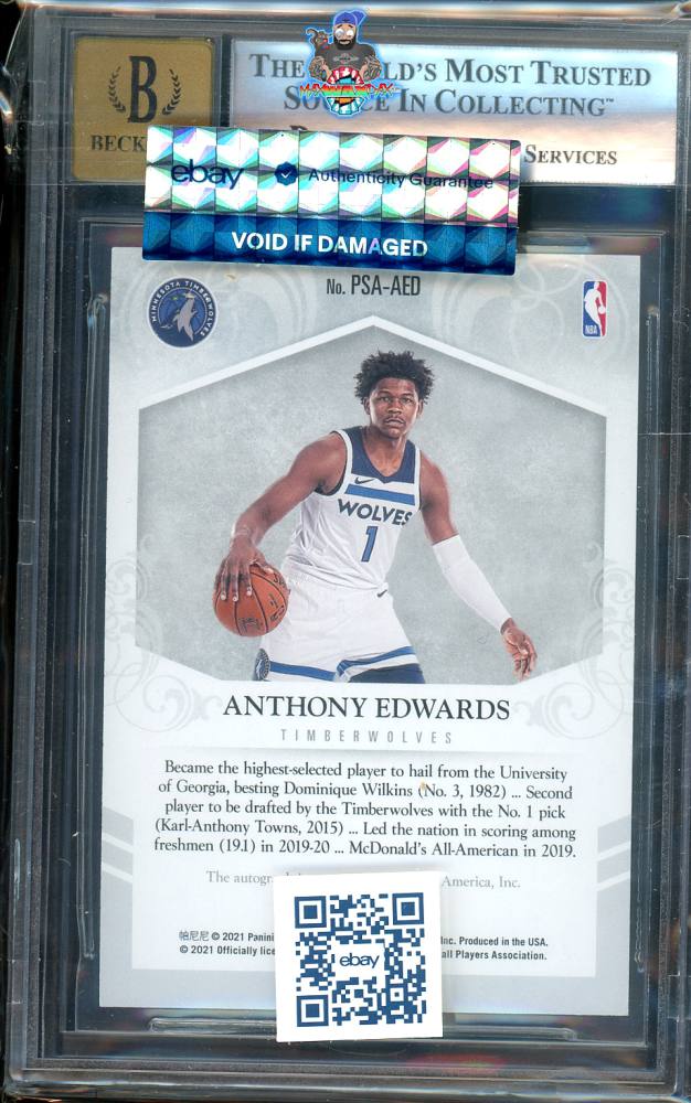 Back of 2020 National Treasures Rookie Private Signings Autograph Association Version Anthony Edwards #1 /99