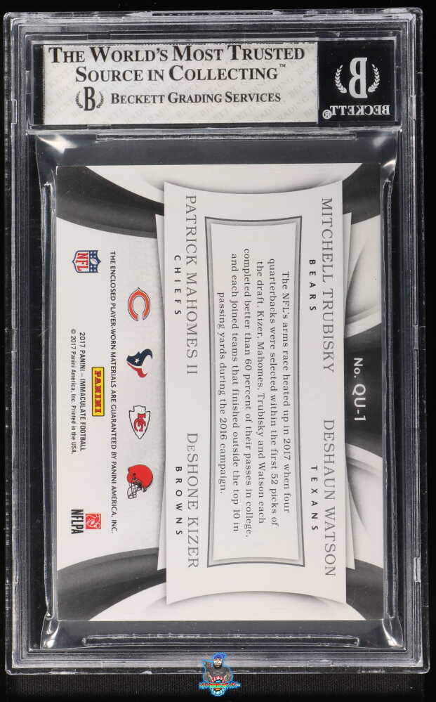 Back of 2017 Panini Immaculate Collection Quad Jerseys Prime Platinum Deshaun Watson/Deshone Kizer/Mitchell Trubisky/Patrick Mahomes II #1 /5