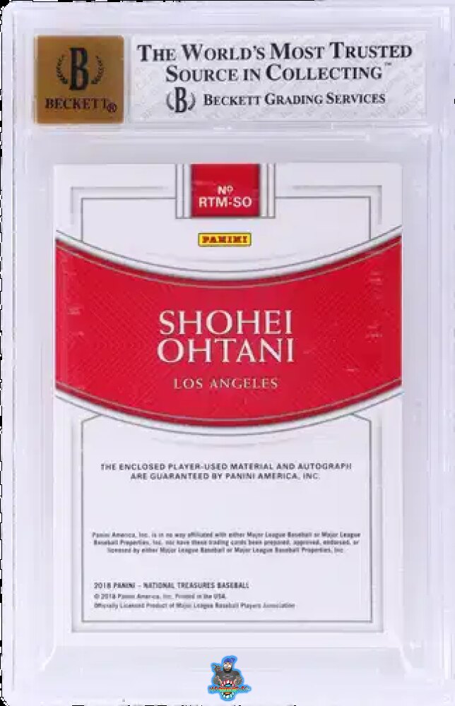Back of 2018 National Treasures Autograph Rookie Triple Material Ink Holo Gold Shohei Ohtani #25 /25