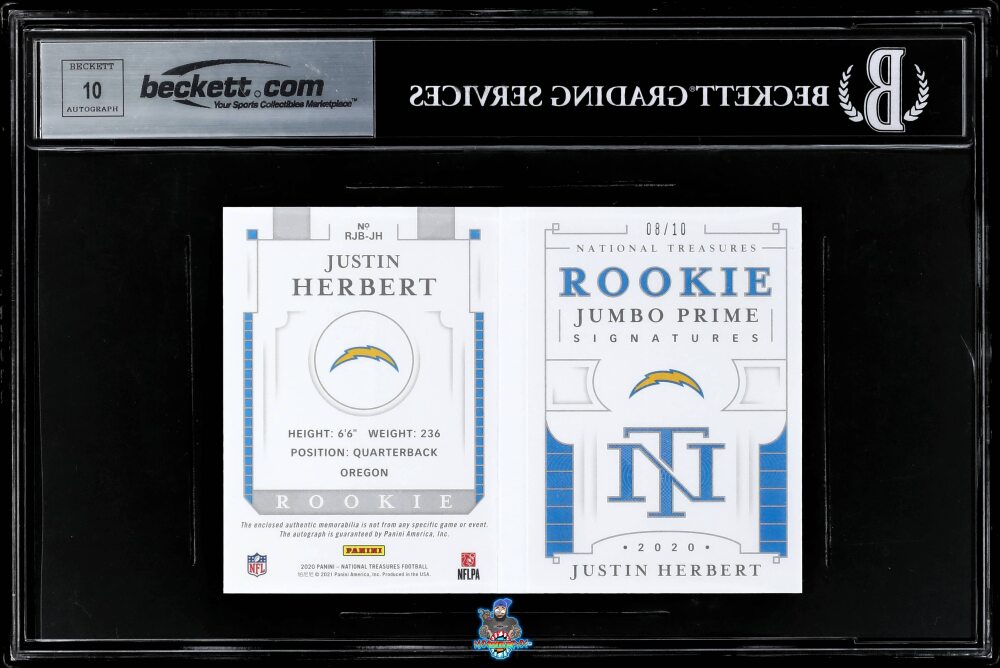 Back of 2020 National Treasures Rookie Jumbo Materials Prime Signature Booklets Football Justin Herbert #3 /10