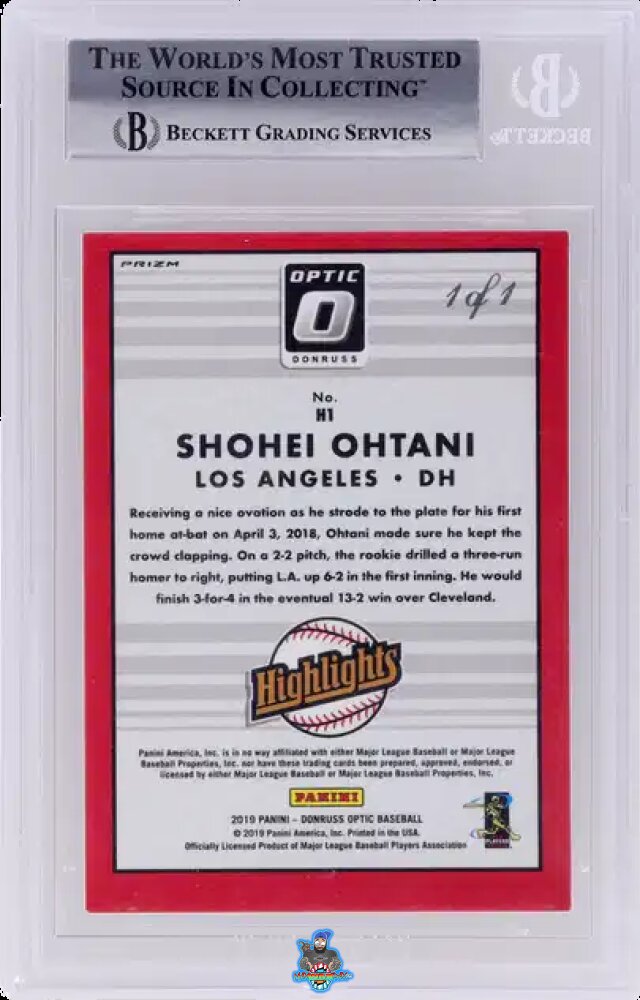 Back of 2019 Donruss Optic Highlights Gold Vinyl Shohei Ohtani #1 /1