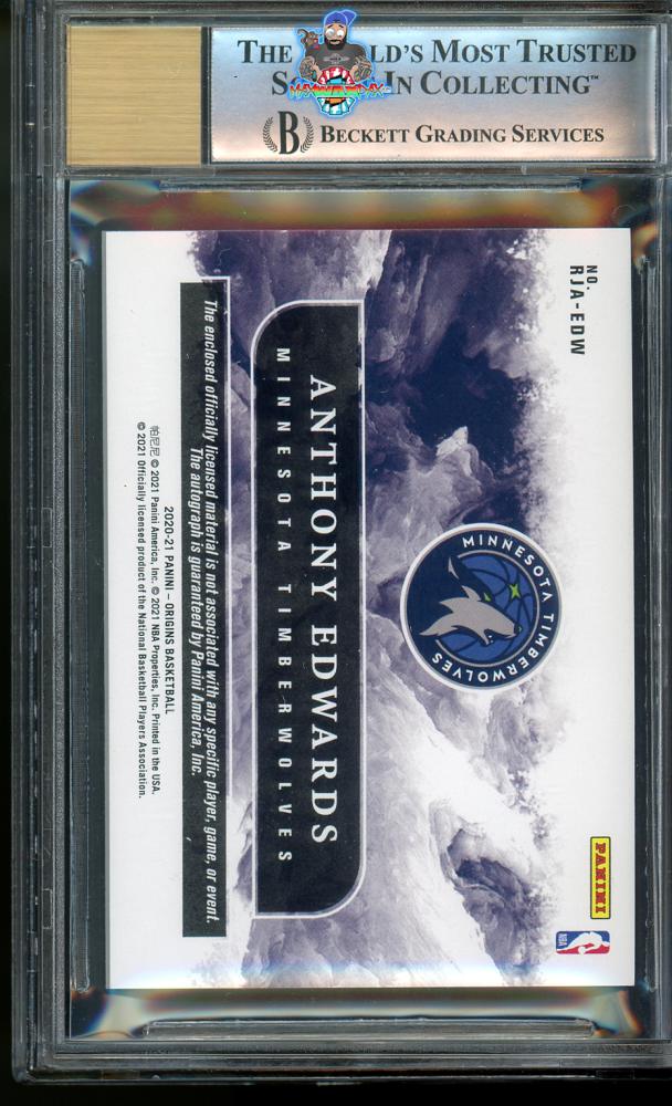 Back of 2020 Panini Origins Rookie Jersey Autograph Blue Anthony Edwards #1 /49
