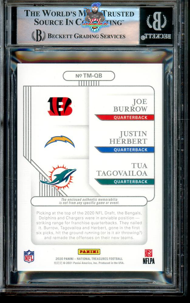 Back of 2020 National Treasures NFL Gear Trio Materials Prime Joe Burrow/Justin Herbert/Tua Tagovailoa #20 /25